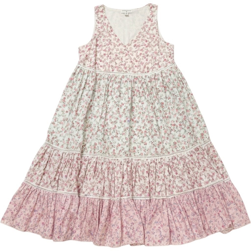 Womens Floral Dress Tiered Lagenlook Medium Cottage Midi Babydoll Pastel